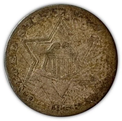 1856 Three Cent Silver Trime Very Fine VF Coin, Scratch #1848 - Image 1 of 3
