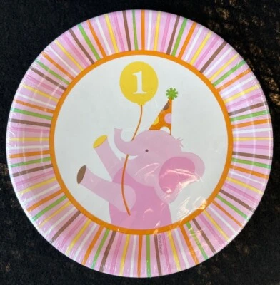 Baby Girl First Birthday Cake/Dessert Plate Pink w Elephant and Striped Border - Image 1 of 2