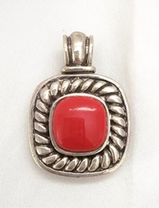 Red Faux Coral 925 Sterling Silver Ribbed Border Square Pendant 1.63" H x 1.13"W - Picture 1 of 10