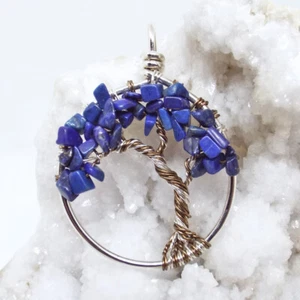 Lapislázuli, árbol, envuelto en alambre, collar, plata de ley, bronce, #1804 - Imagen 1 de 3