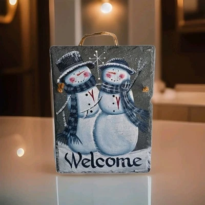 Handpainted Slate Welcome Sign With Snowmen - Image 1 of 4
