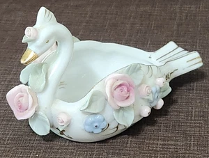 Vintage Schwan Porzellan Figur erhaben Blumen & Goldrand Ring Schmuck Schale Japan - Bild 1 von 10