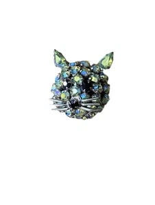 VTG WARNER Cat Face Brooch Pin Blue AB Rhinestones Silver Tone MCM 1960s Estate - Picture 1 of 3