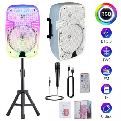 8" Bluetooth Speaker Bass Karaoke Party Subwoofer Lights Microphone & Stand TWS - Image 1 of 4