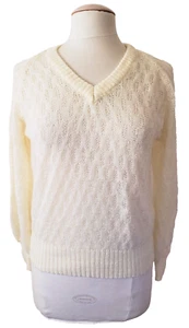 Suéter De Colección Para Mujer L Crema Marfil Tejido Abierto Diamante Cuello en V Transparente Años 80 Navidad - Imagen 1 de 11
