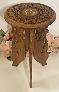 VTG Table Hand Carved 9"X15" Burning Pyrography Inlays Collapsable Floral RARE - Picture 1 of 15