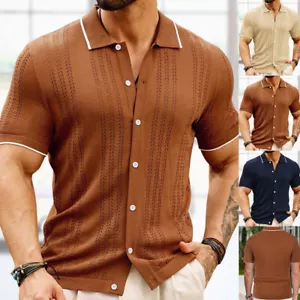 Mens Textured Knitted Short Sleeve Cotton Shirt Jumper Casual Buttoned Top Thin - Picture 1 of 15