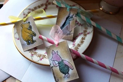 Winnie the Pooh Childs Party/Baby Shower Pink, Blue & Yellow Paper Straws & Tags - Image 1 of 4