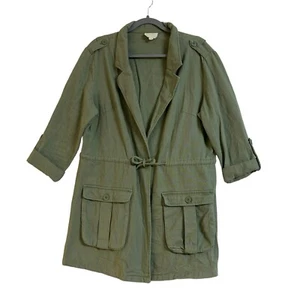 Boho Bird Jacket Size 14 Green Button Drawstring Long Roll Tab Sleeve Pockets - Bild 1 von 16