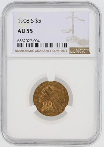 1908-S Half Eagle NGC AU55 $5 San Francisco Minted Indian Head Gold Coin Cover