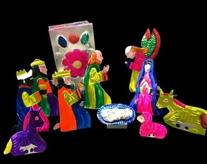 Mexican Tin Punch Nativity Set With Colorful 11-Piece Figures & Decorative Stora - Picture 1 of 16