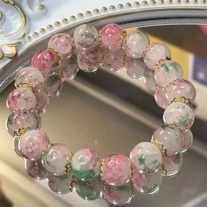 Beautiful Cherry Blossom Glass Bead Stretch Bracelet W/Box - Picture 1 of 2