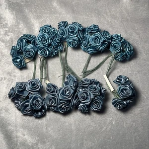 Miniature Silk Two Shades of Blue Wired Flowers Roses Made in Korea 1960s - Picture 1 of 10