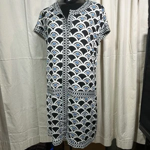 Isle by Kozan size L Dress GUC Geometric Design Blue White Sleeveless Zipup back - Picture 1 of 6