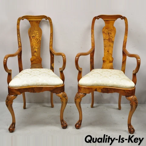Vintage Queen Anne Style Italian Burl Patchwork Floral Inlay Arm Chairs - a Pair Cover