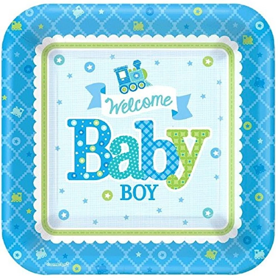 Welcome Little One Boy Blue Train Baby Shower Party 7" Square Dessert Plates - Image 1 of 1