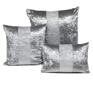 Silver & Grey Diamante Crushed Velvet Sparkle Bling Cushion Cover -3 Sizes - Picture 1 of 6