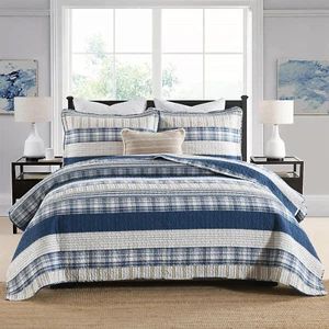 Queen Size Comforter Set - Blue White Tan Striped Queen Quilt Set,Plaid Striped - Picture 1 of 7