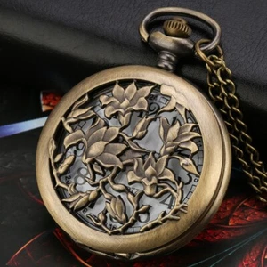 Steampunk Hollow Flower Pocket Watch Quartz White Dial Arabic Numerals Dial Gift - Picture 1 of 8