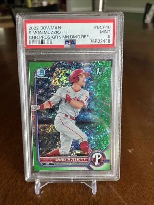2022 Bowman Simon Muzziotti Chrome Prospect Green Diamond Refractor /99 PSA 9 - Image 1 of 3