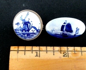 Vintage Delft Sterling Round Pin Brooch and Oval Pin - Picture 1 of 6