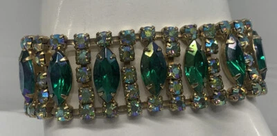 VTG Austrian Crystal Watermelon GREEN Aurora Borealis RHINESTONE BRACELET Safety - Image 1 of 4
