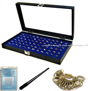 Glass Top Lid 72 Ring Blue Jewelry Sales Display Box Storage Case + Bonus Items - Picture 1 of 5