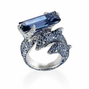 16.78 TCW Simulated Multi Cut Sapphire Dolphin Design 935 Silver Ring For Woman - Picture 1 of 6