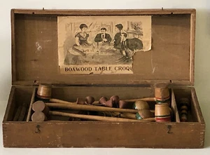 1900 viktorianischer Buchsbaum Salon Tischkrocket mit 6 Mallots 8 Metall Wickets Kugeln - Bild 1 von 10