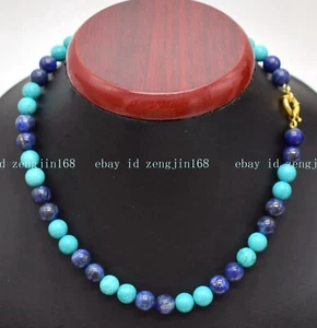 Real Blue Kingman Arizona Turquoise & Blue Lapis Round Beaded Gemstone Necklace - Picture 1 of 12