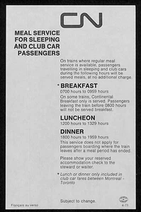 Canadian National Railways CN Meal Service Card c1971 Bloomquist* - Picture 1 of 2
