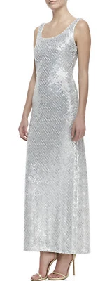 Lavandería ~ Vestido de Noche Funda Cuello Redondo Tanque Lentejuelas Geo Plateado 6 NUEVO $445 Foto 1 de 4