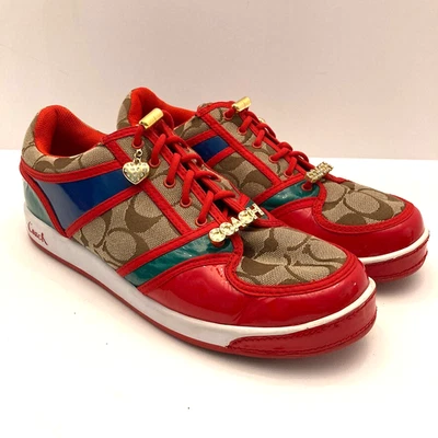 VTG Coach Women's Sneakers Oriana Size 9.5 Rhinestones Charms Logo Red Khaki Y2K - Image 1 of 4