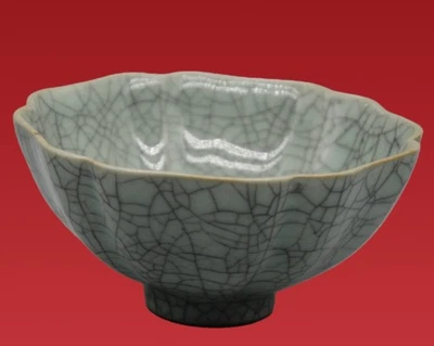 Antiguo horno chino Ge esmalte craquelado tazón lobulado marca tributo porcelana coleccionable Foto 1 de 4