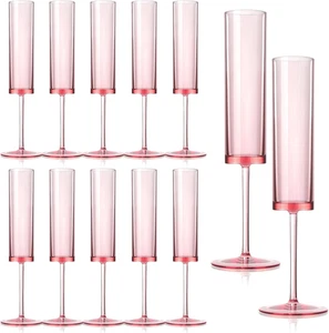 12 Pieces Pink Champagne Flutes 6 OZ Acrylic Reusable Wedding Toasting Glasses  - Picture 1 of 16