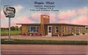 Postal de Oregon, Wisconsin OREGON MOTEL Highway 14 Roadside/Tichnor LINEN - Imagen 1 de 2