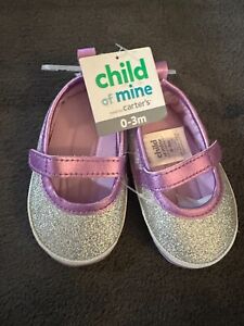 Carter's Child of Mine Baby Girl's Crib Soft Shoes 0-3m Purple Glitter NWT