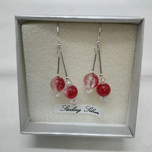 Artisan Sterling Silver Pr Earrings, w/2 strands of Red Crackle Beads Boxed 1.5" - Picture 1 of 12