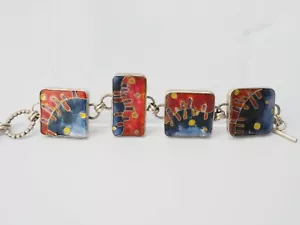 OOAK Art Studio abstract enamel glass mosaic sterling silver bracelet signed - Picture 1 of 9