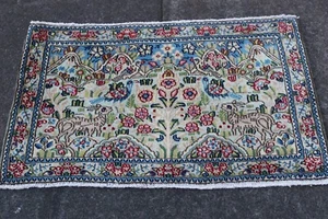 Vintage Hand Made Traditional Oriental Wool Blue Aqua Small Rug 57x90cm Animal - Picture 1 of 8