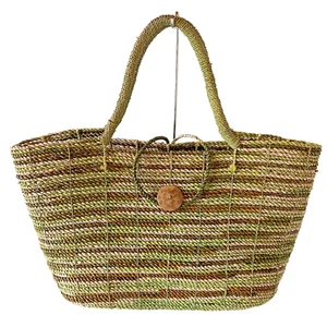 Boho Green Earthy Woven Straw Twine Market Bag Summer Toggle Closure 59cm x 28cm - Picture 1 of 9