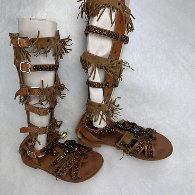 Delos Greek Womens Small 5 Brown Fringe Studded Gladiator Knee High Tall Sandals - Image 1 of 4