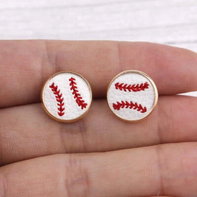 16mm White Baseball Softball Embroidery Red Line Stud Earrings Sports Gold Gifts - Image 1 of 4