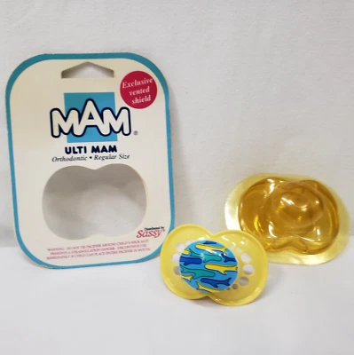 Vintage Ulti MAM Pacifier Blue Yellow Sharks 1995 Sassy Orthodontic Latex Nipple - Image 1 of 4