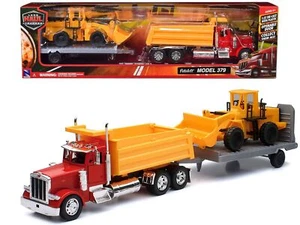 Peterbilt 379 Dump Truck Red and Wheel Loader Yellow with Flatbed Trailer "Long - Picture 1 of 1