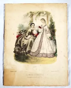 1861 La Mode No 323 Ladies Fashion Plate Hoop Dress Civil War Hand Water Colored - Picture 1 of 5
