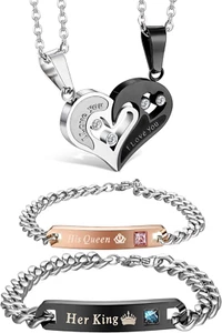 4Pcs Couple Necklace Bracelets Matching Set for Women Men Heart Pendant Necklace - Picture 1 of 12