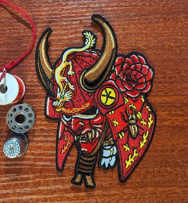 Samurai Kabuto Patch Helmet Red And Yellow Japanese Embroidered Iron On 5x3.5" - Image 1 of 3