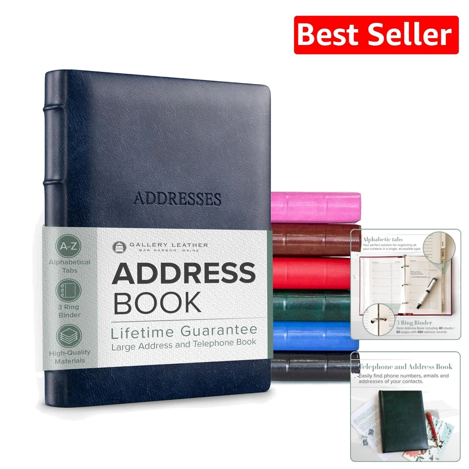 Stylish 9x7 Address Book with 480 Records - Hardbound and Bonded Leather Finish - Image 1 of 4