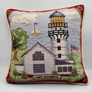 Vtg Needlepoint Throw Pillow Nautical Cape Elizabeth Lighthouse Wool 14x14” Flat - Picture 1 of 9